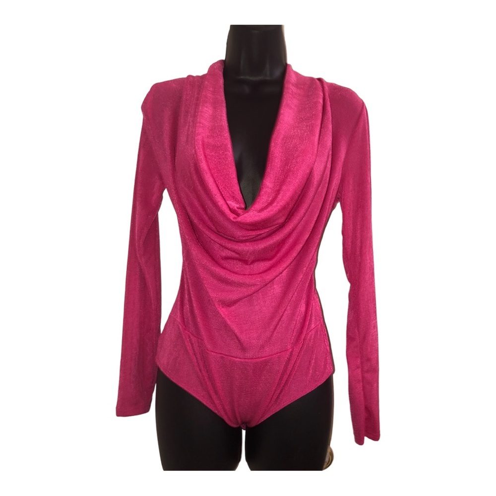 Hot pink barbiecore draped Cowlneck long sleeve bodysuit size medium new